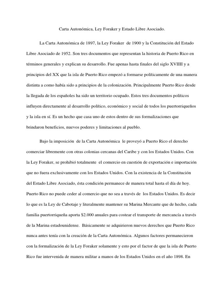 Carta Autonómica Ley Foraker Estado Libre Asociado