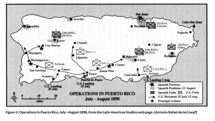Mapa Operaciones Militares Puerto Rico julio agosto 1898