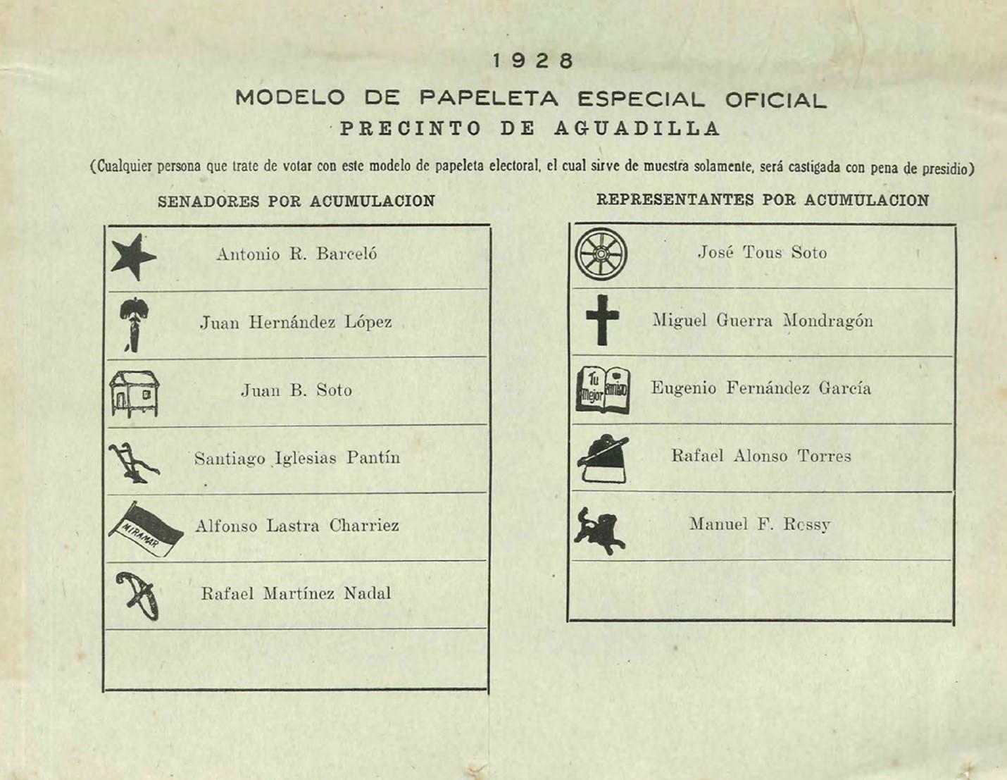 Papeleta electoral Puerto Rico 1928
